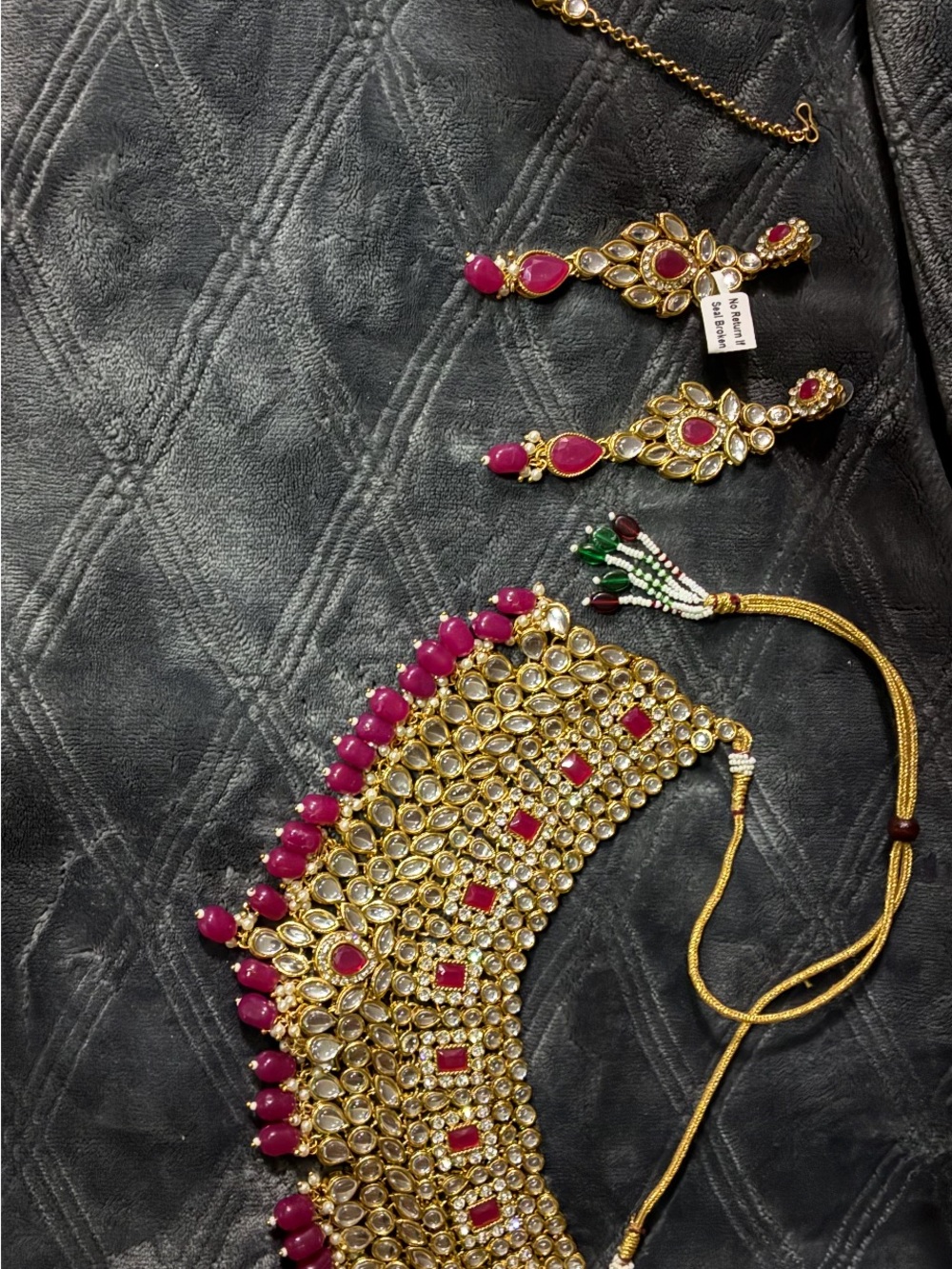 Gold-Tone Kundan Choker Necklace with Pink Stone Accents - Women Jewelry